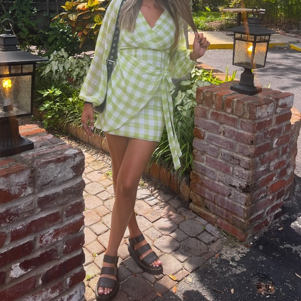 Princess Polly Green Checkered Wrap Dress